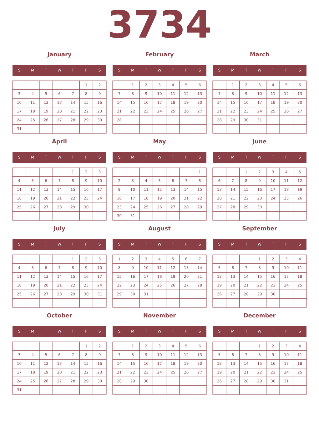 Printable 3734 Year Calendars cordovan