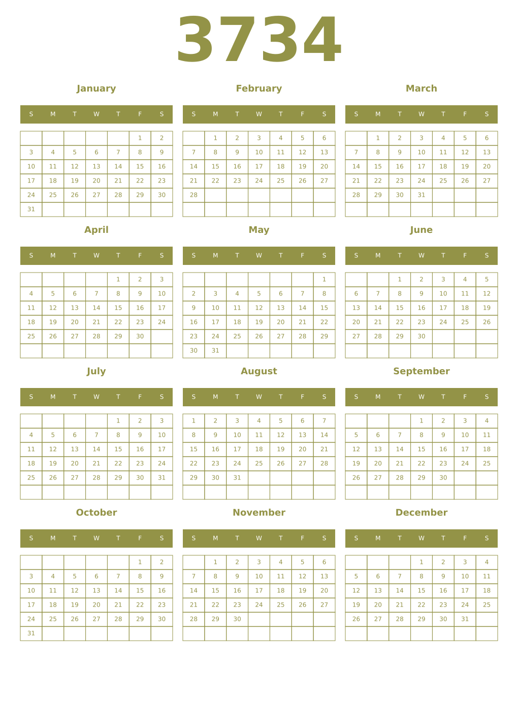Printable 3734 Year Calendars eburnean