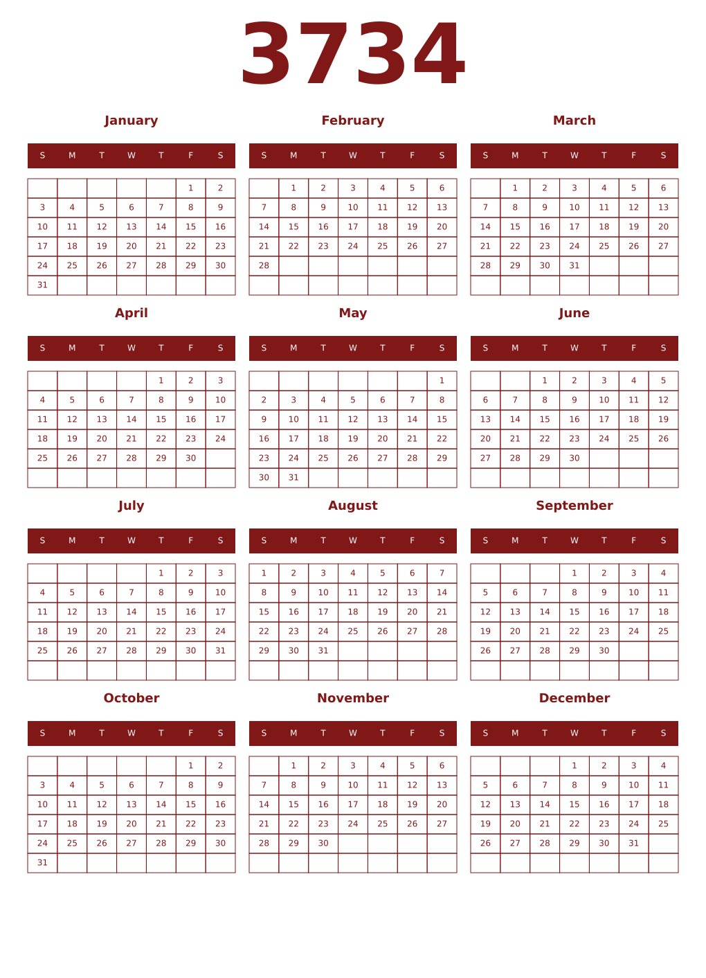 Printable 3734 Year Calendars falu