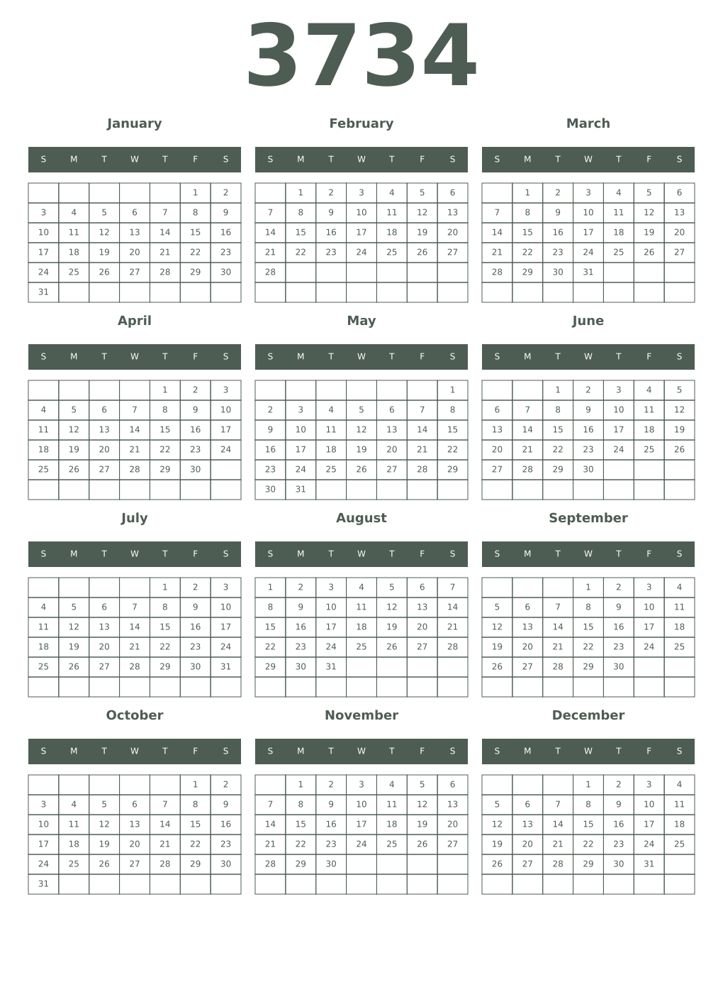 Printable 3734 Year Calendars feldgrau