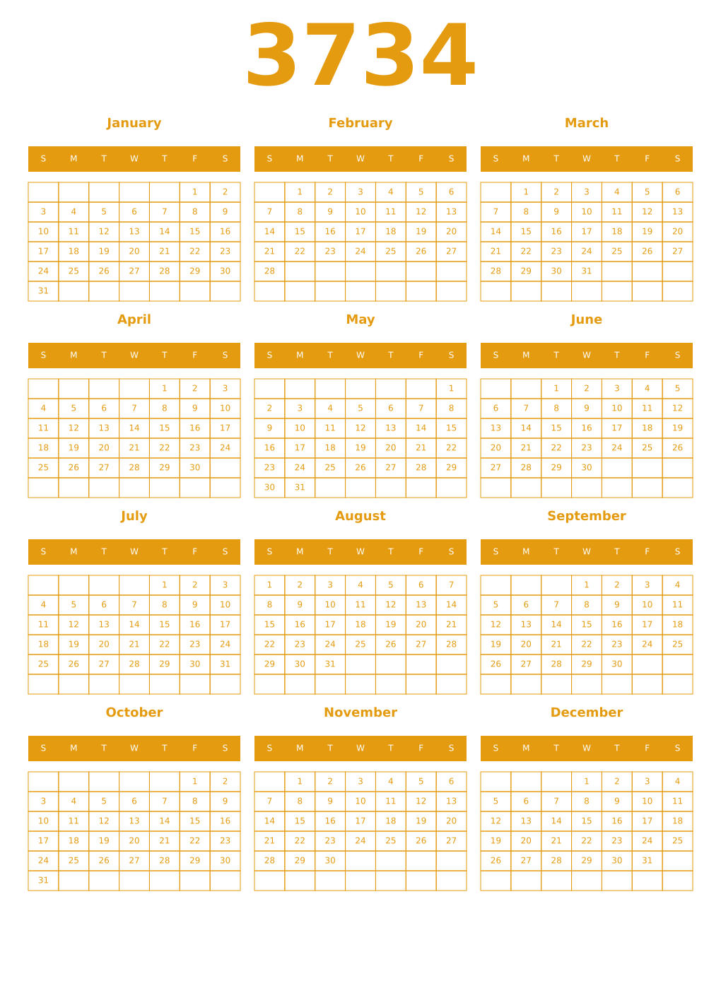 Printable 3734 Year Calendars gamboge