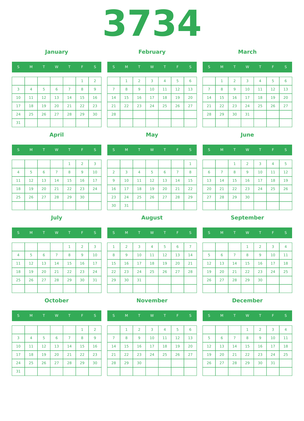 Printable 3734 Year Calendars green