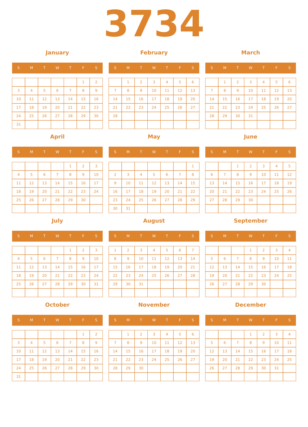 Printable 3734 Year Calendars orange