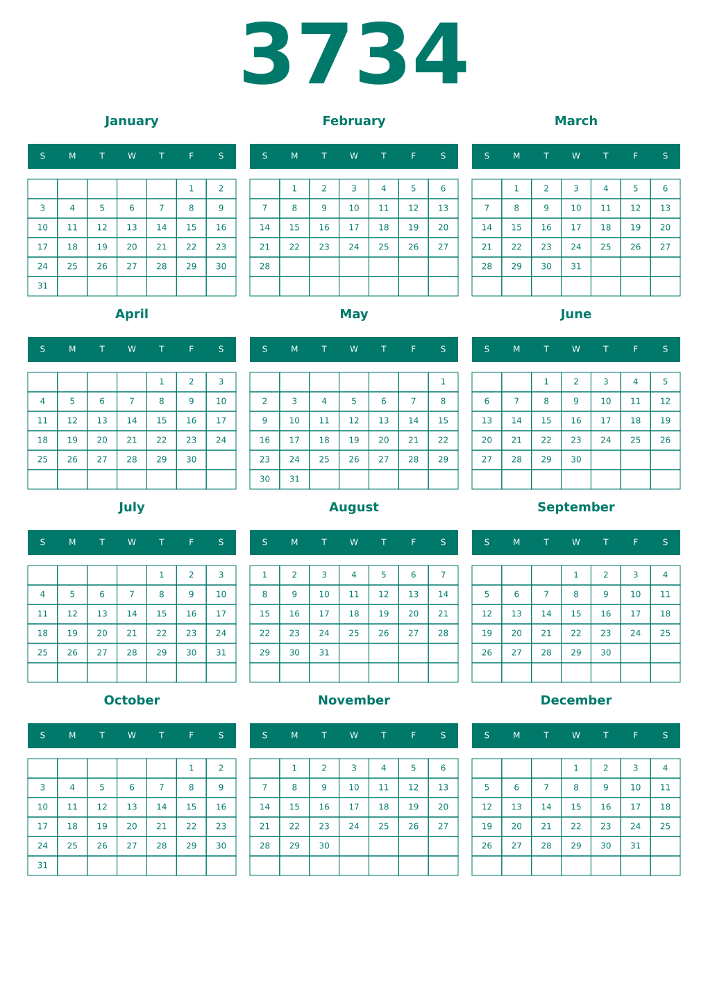 Printable 3734 Year Calendars pastel