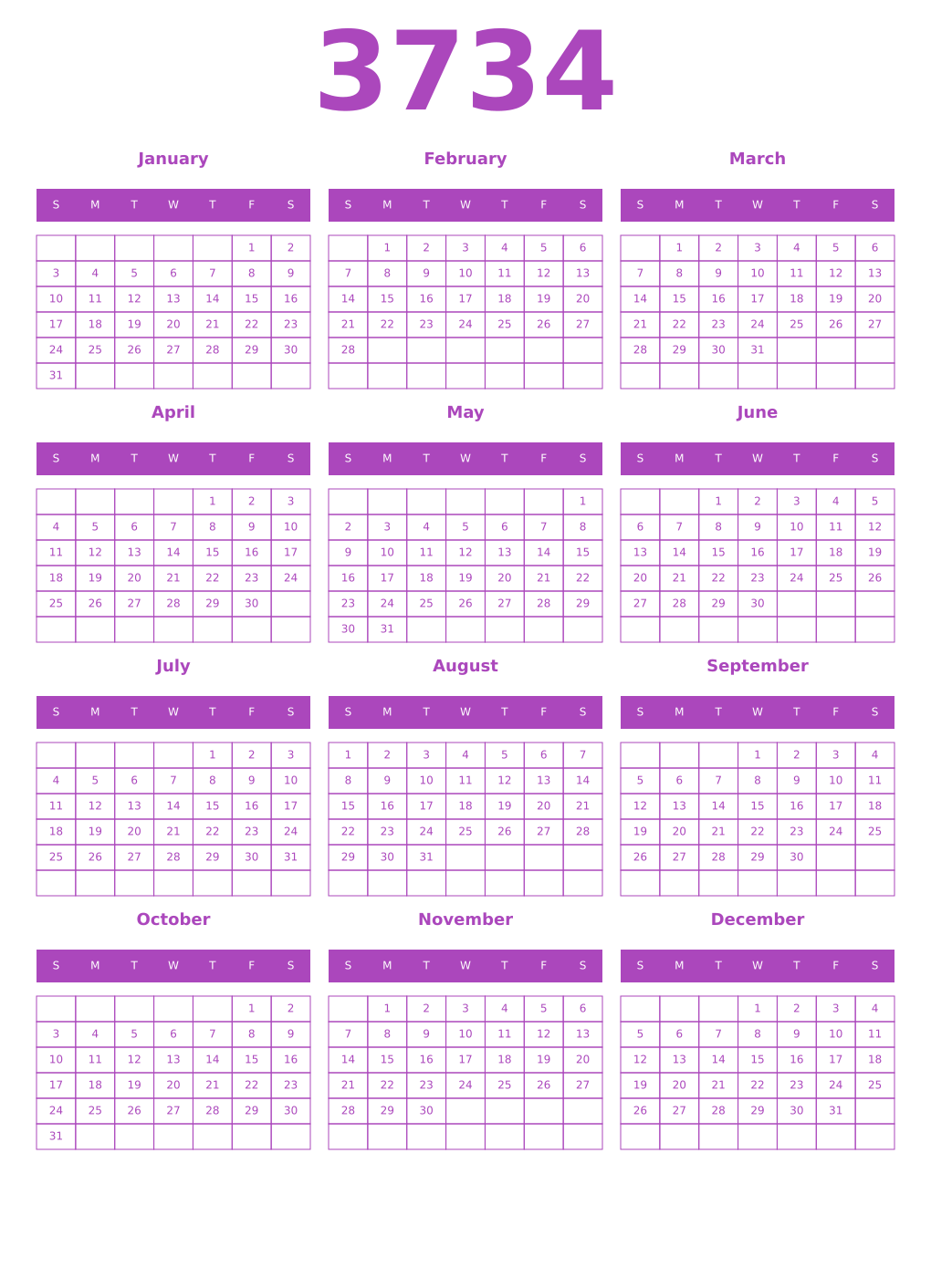 Printable 3734 Year Calendars purple