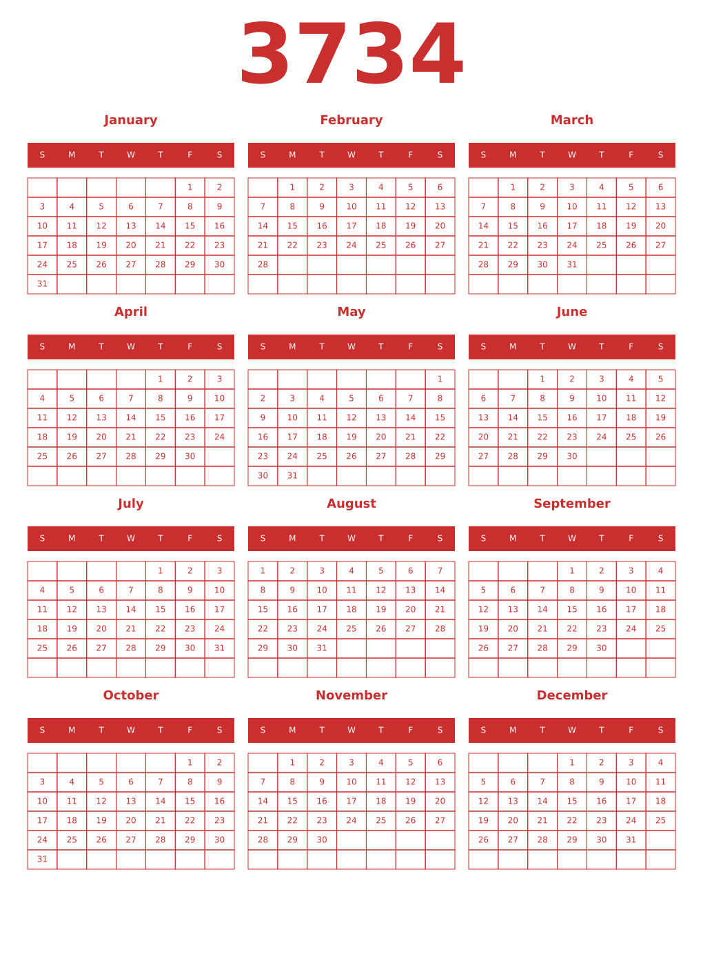 Printable 3734 Year Calendars red