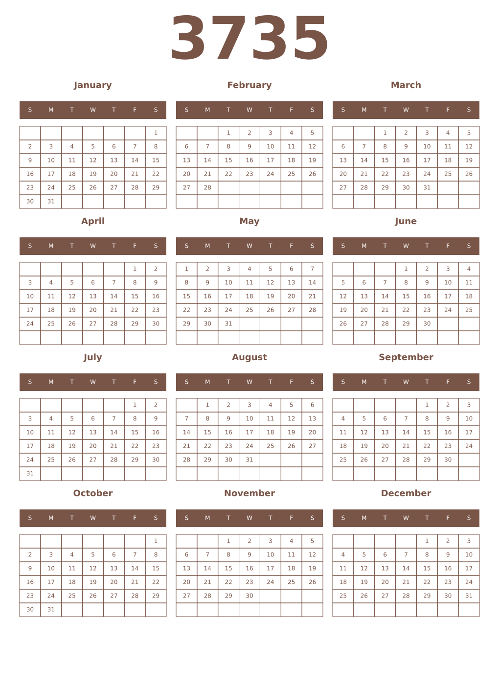 Printable 3735 Year Calendars coffe