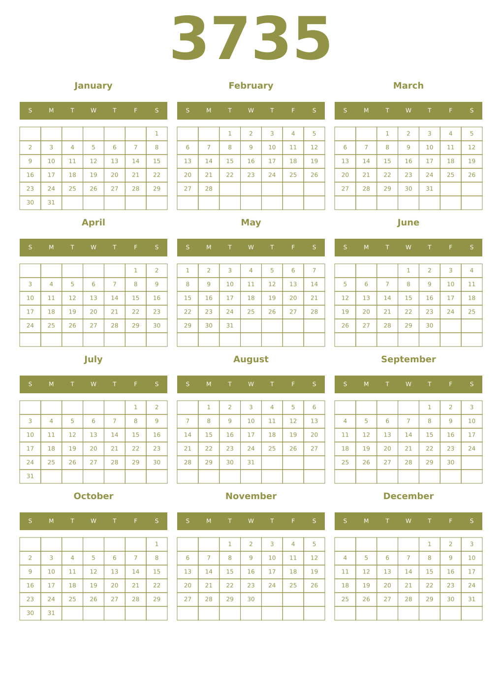 Printable 3735 Year Calendars eburnean