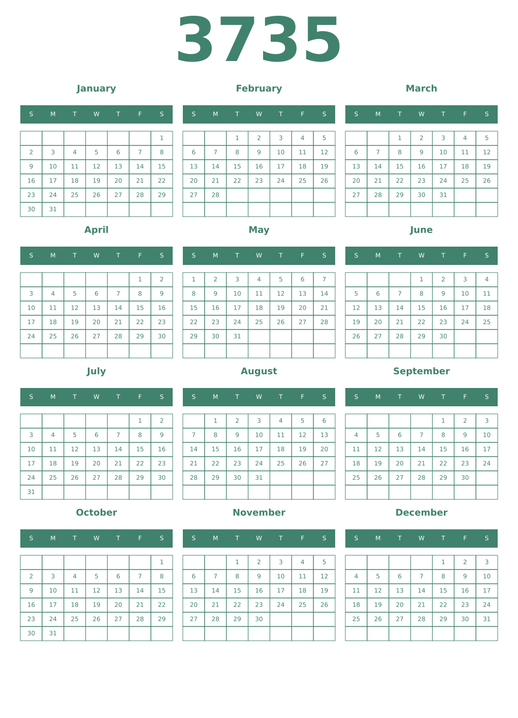 Printable 3735 Year Calendars viridian