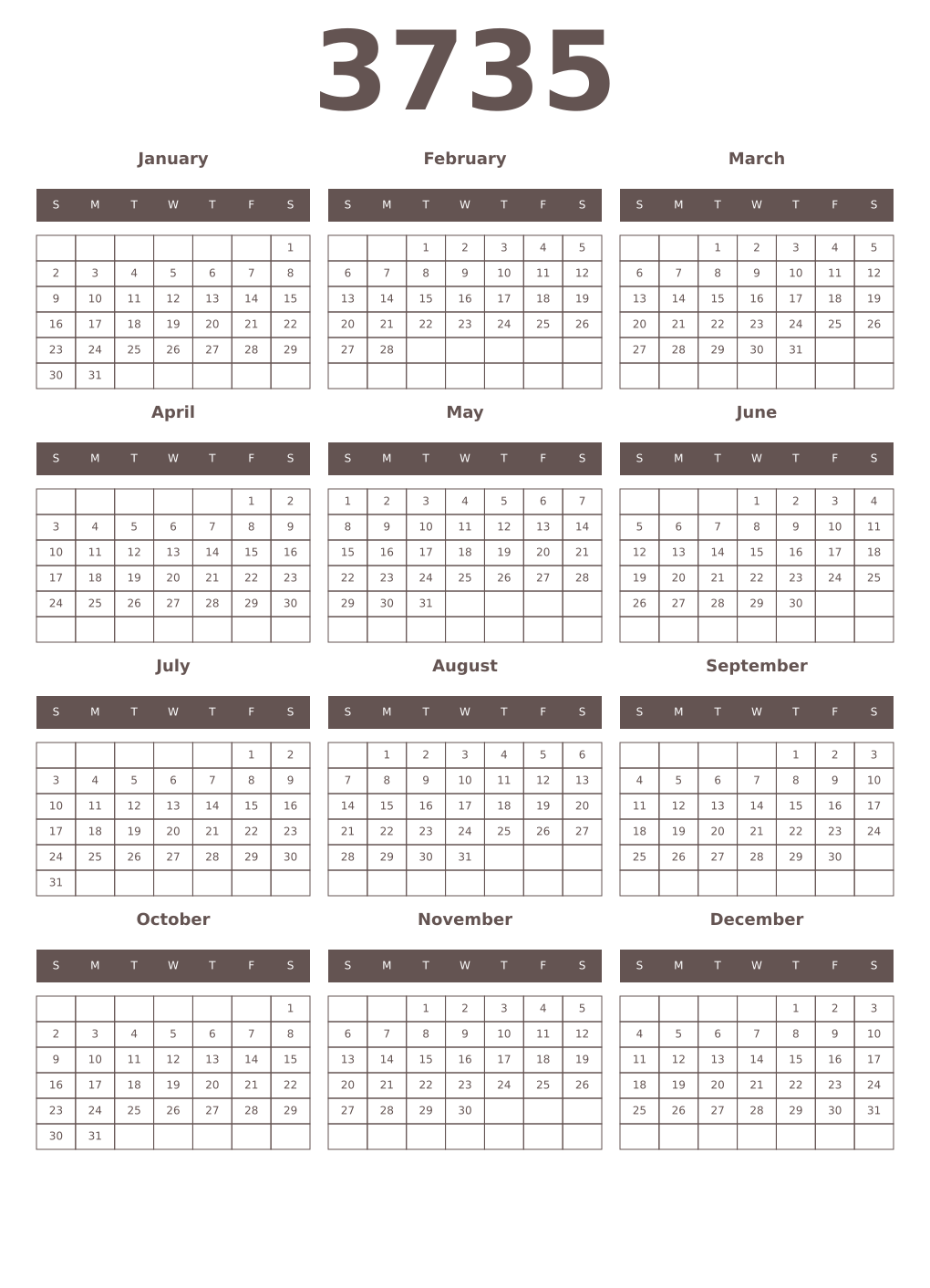 Printable 3735 Year Calendars wenge