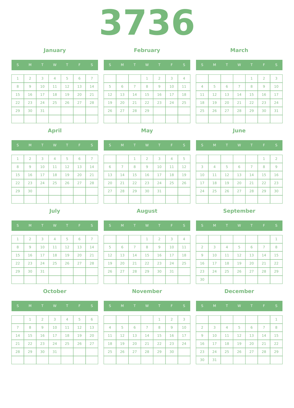 Printable 3736 Year Calendars celadon