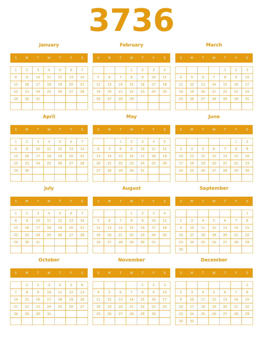 Printable 3736 Year Calendars gamboge