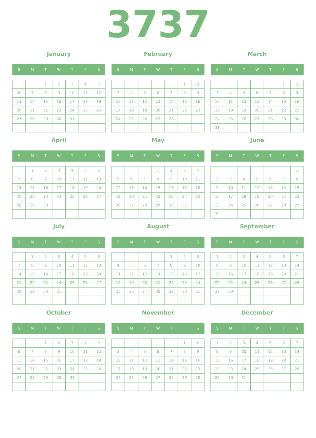Printable 3737 Year Calendars celadon