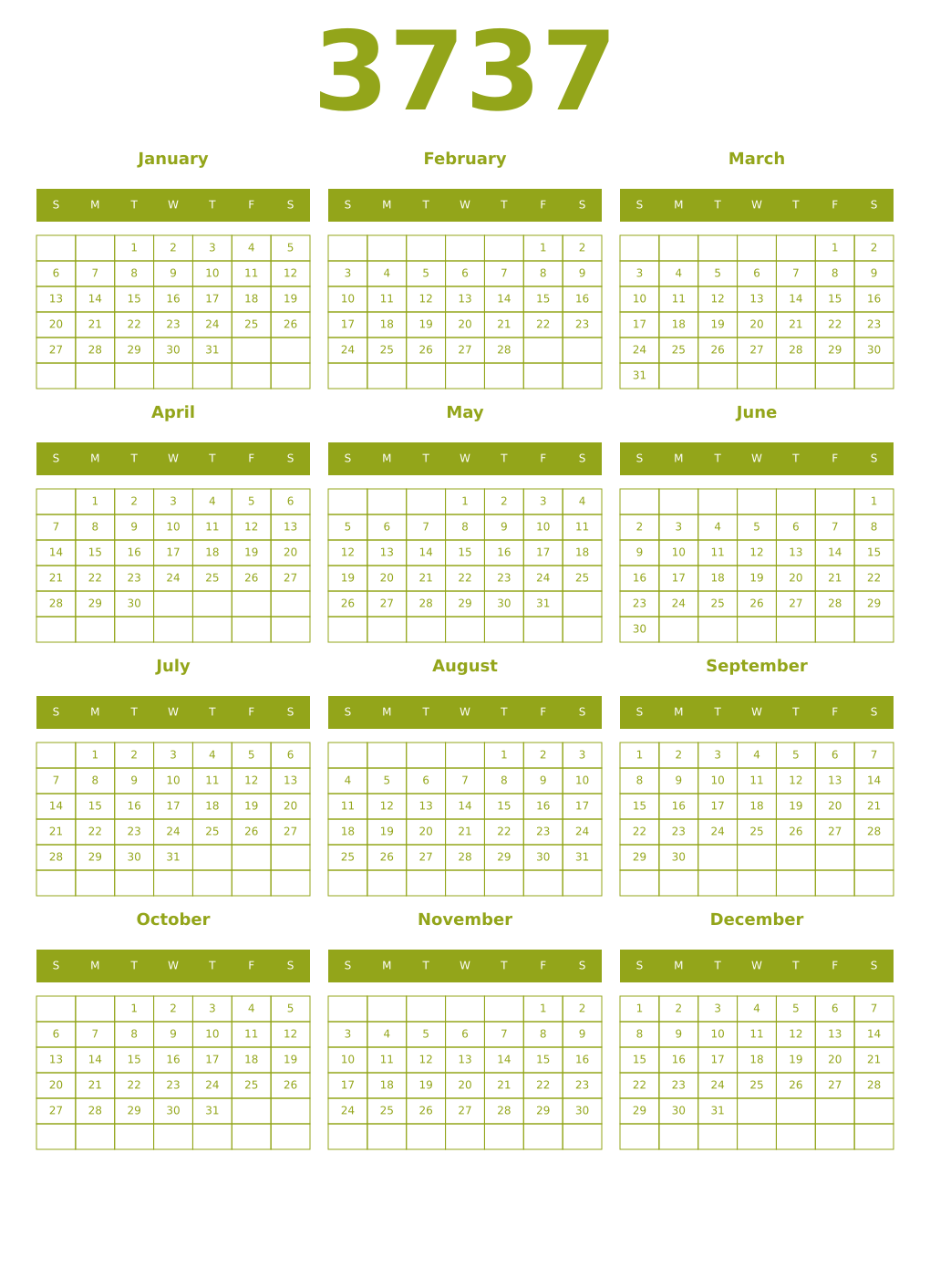 Printable 3737 Year Calendars chartreuse