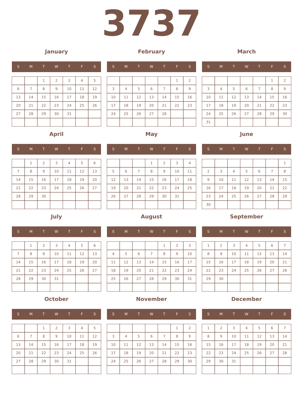 Printable 3737 Year Calendars coffe