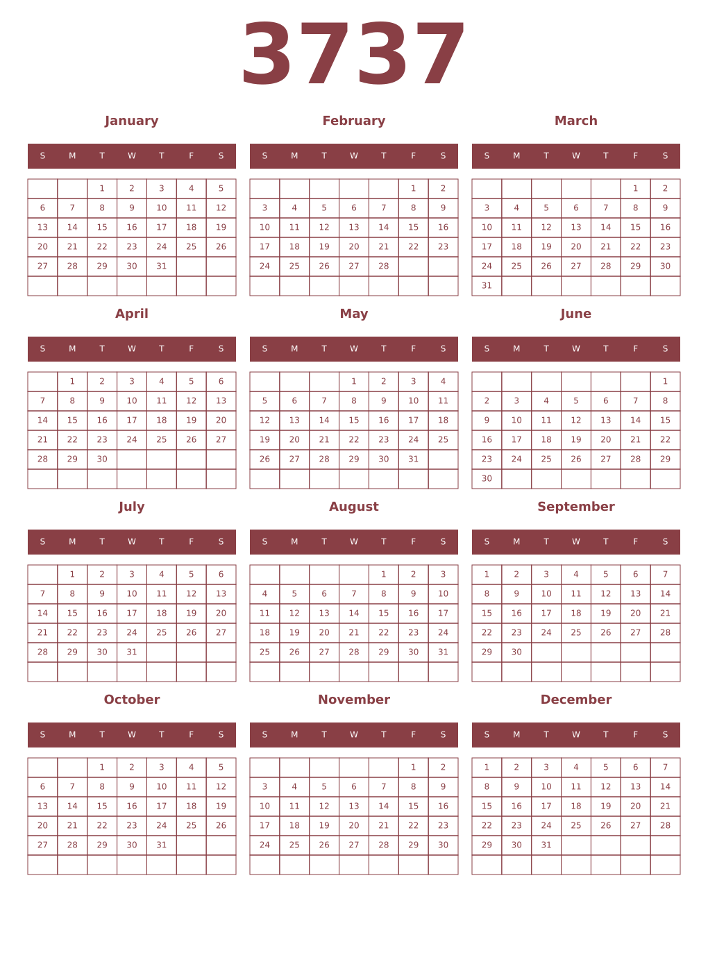 Printable 3737 Year Calendars cordovan