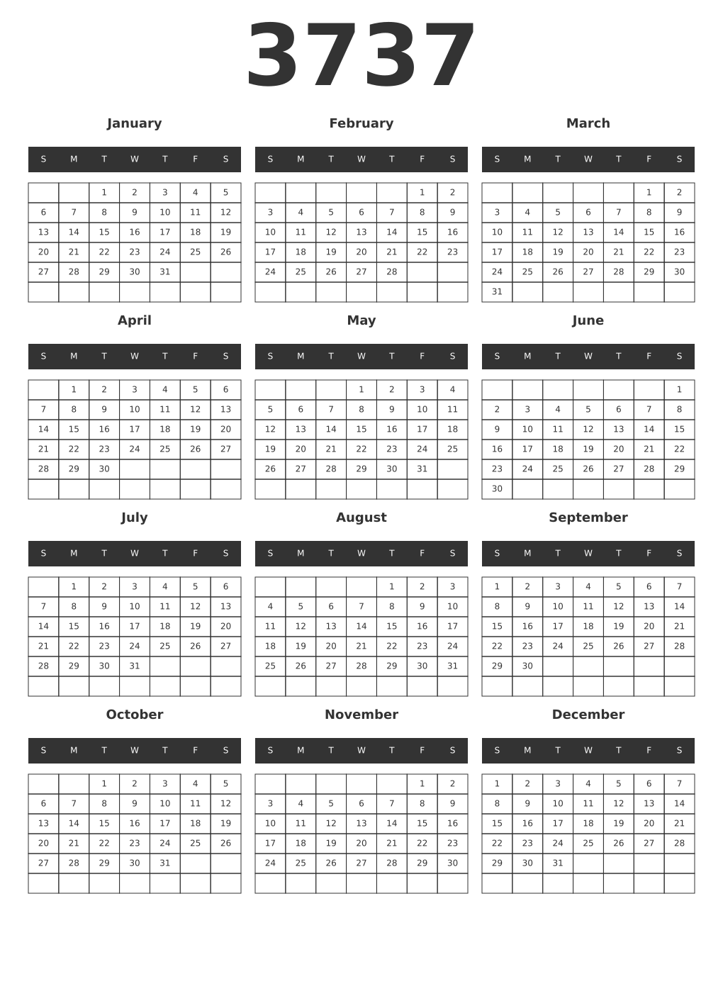 Printable 3737 Year Calendars dark