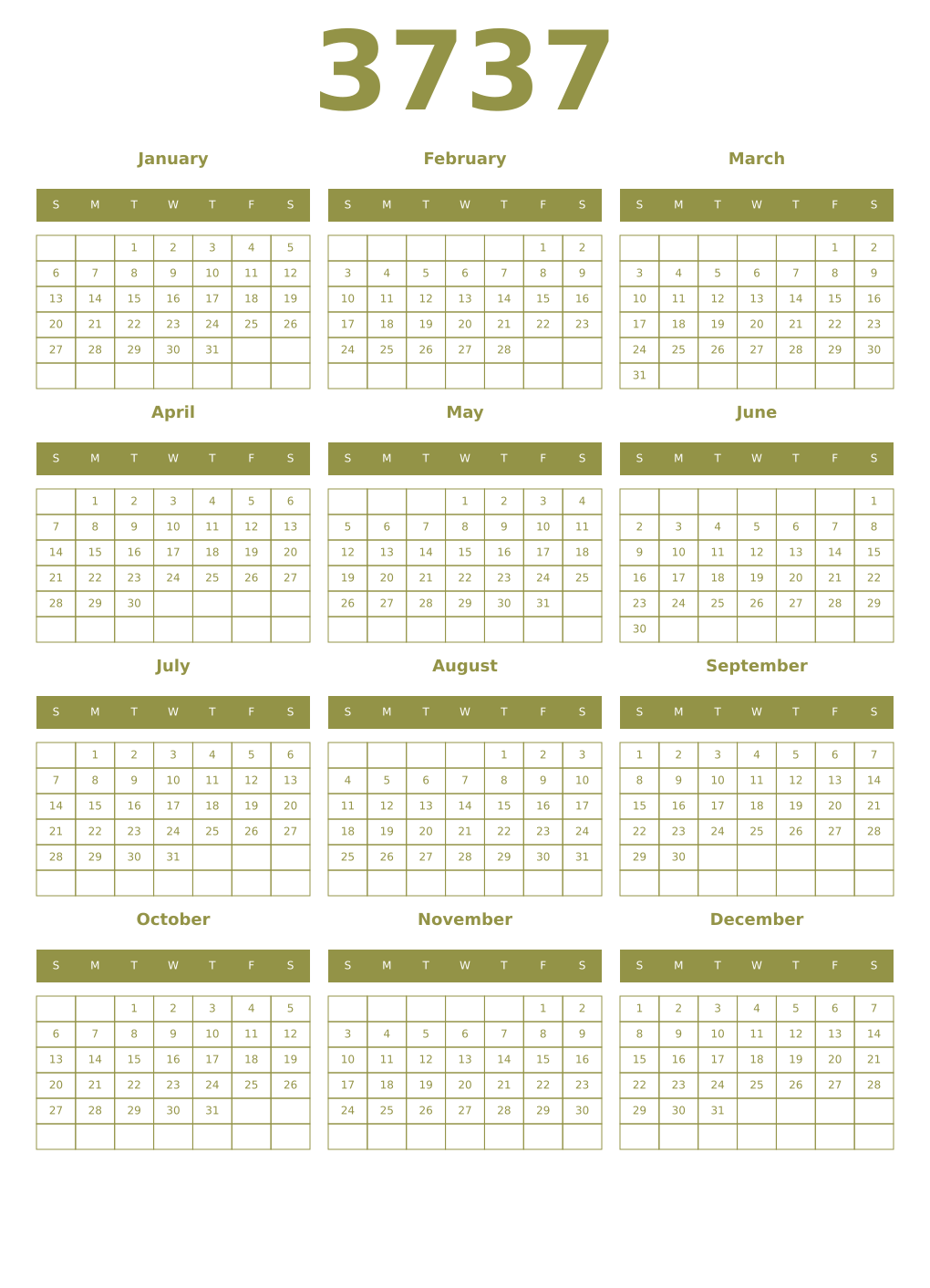 Printable 3737 Year Calendars eburnean