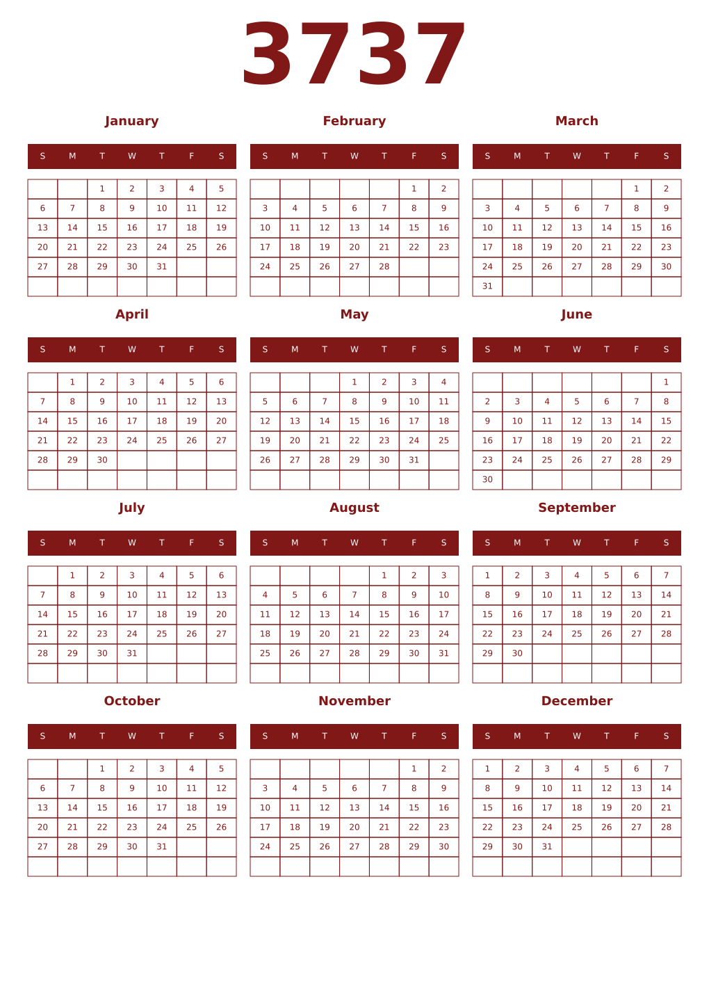 Printable 3737 Year Calendars falu