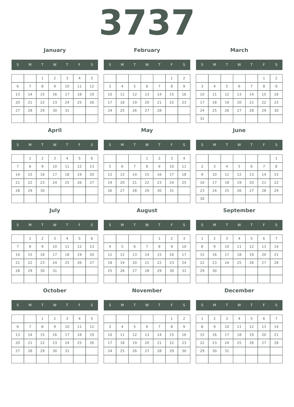 Printable 3737 Year Calendars feldgrau