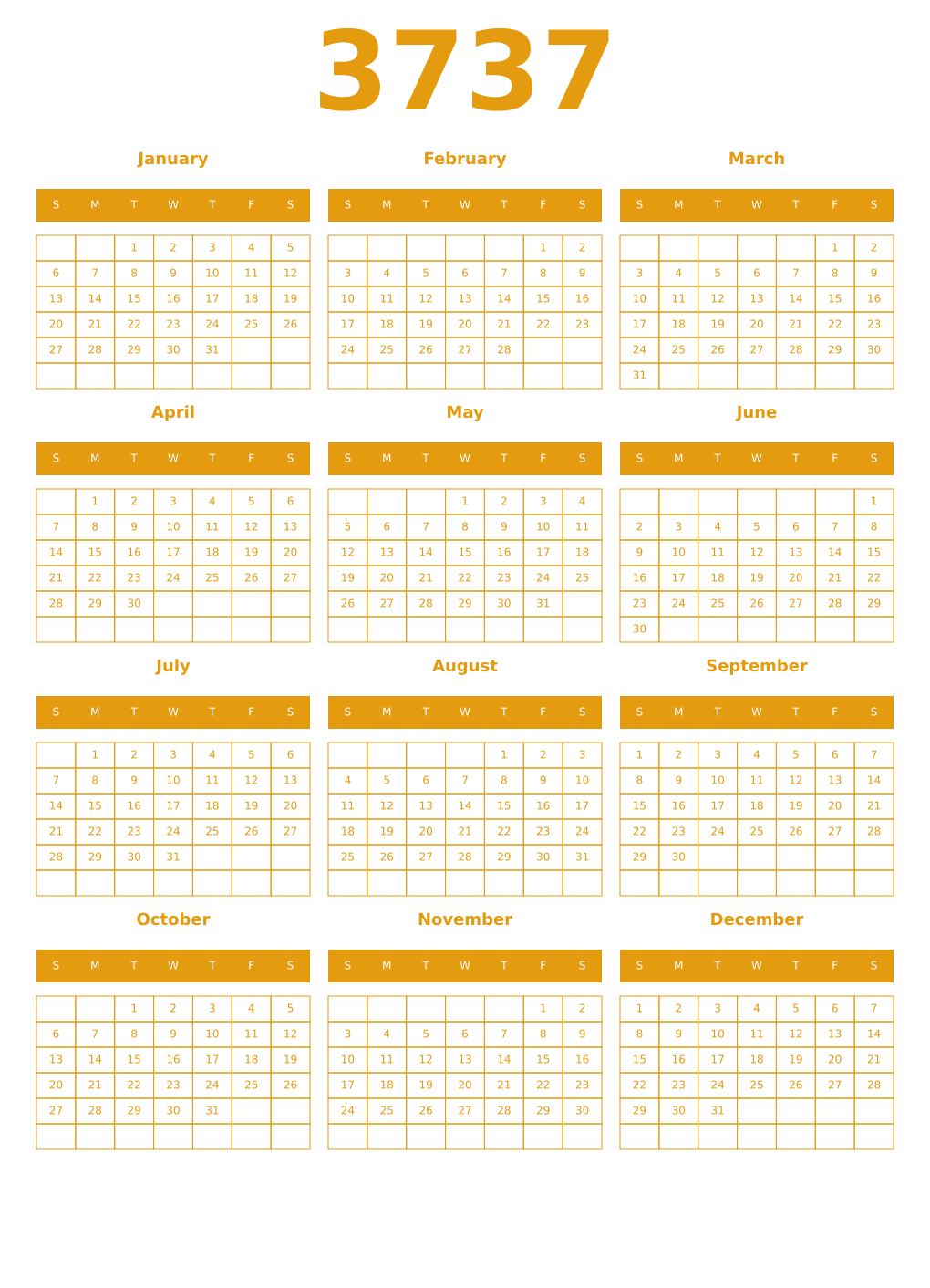 Printable 3737 Year Calendars gamboge