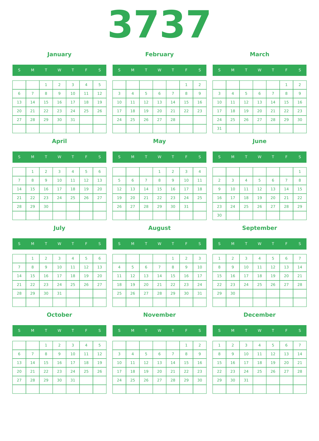 Printable 3737 Year Calendars green