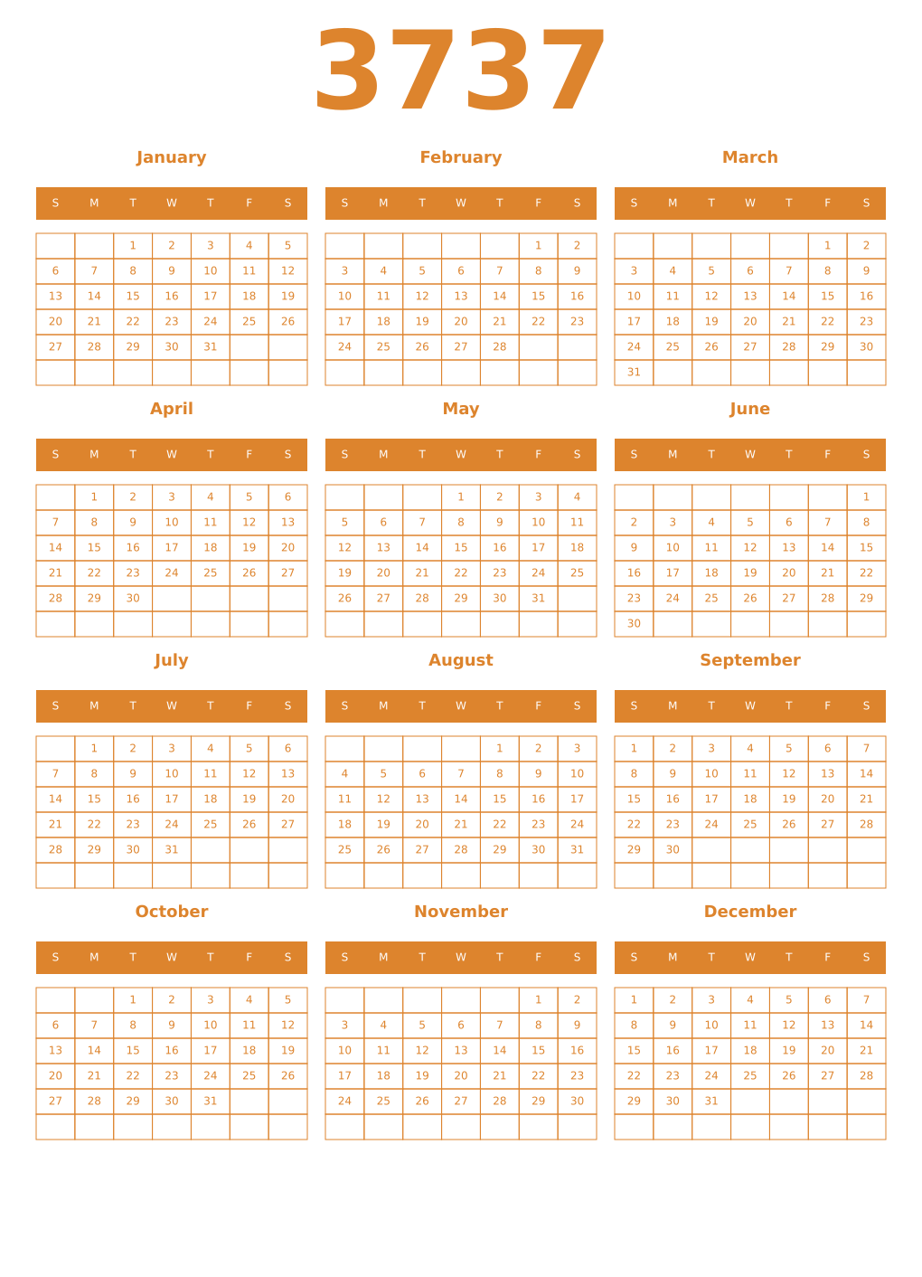 Printable 3737 Year Calendars orange