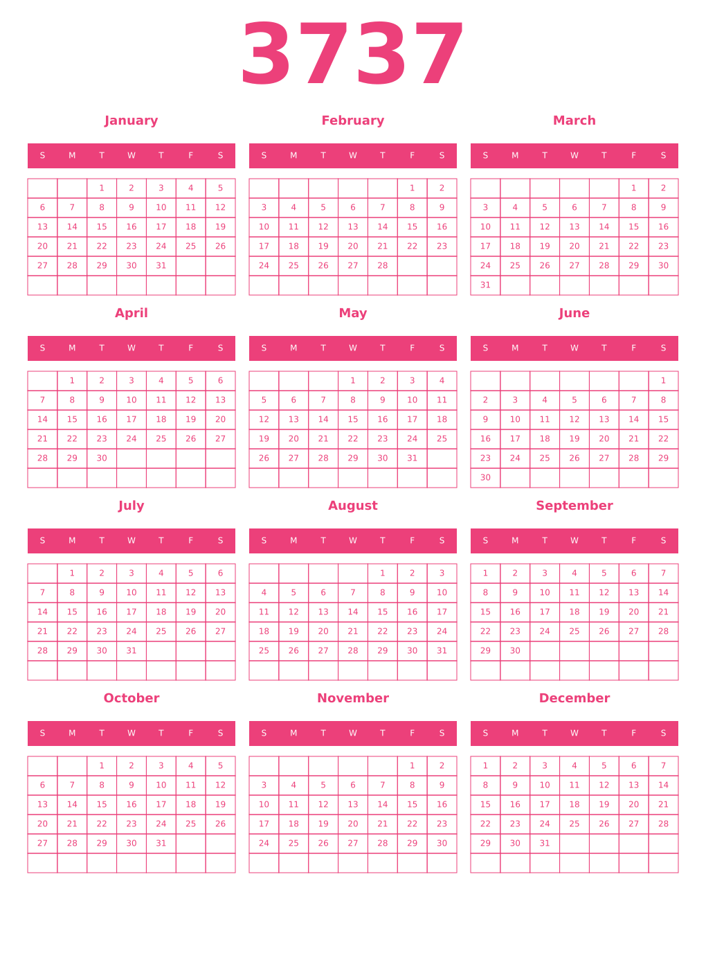 Printable 3737 Year Calendars pink