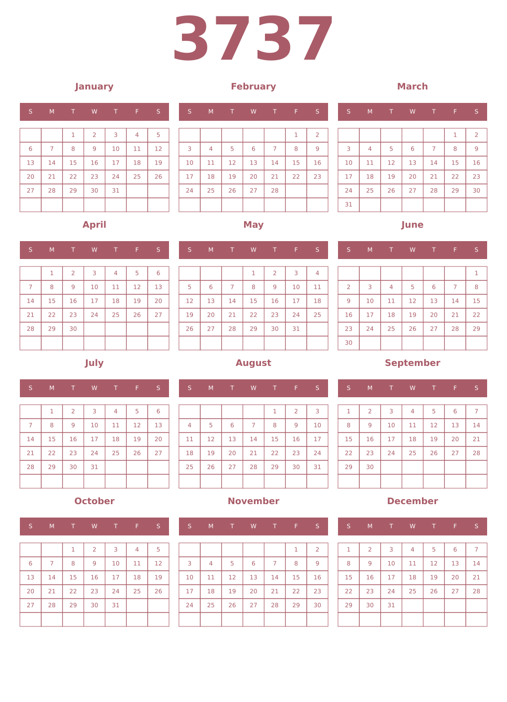 Printable 3737 Year Calendars puce