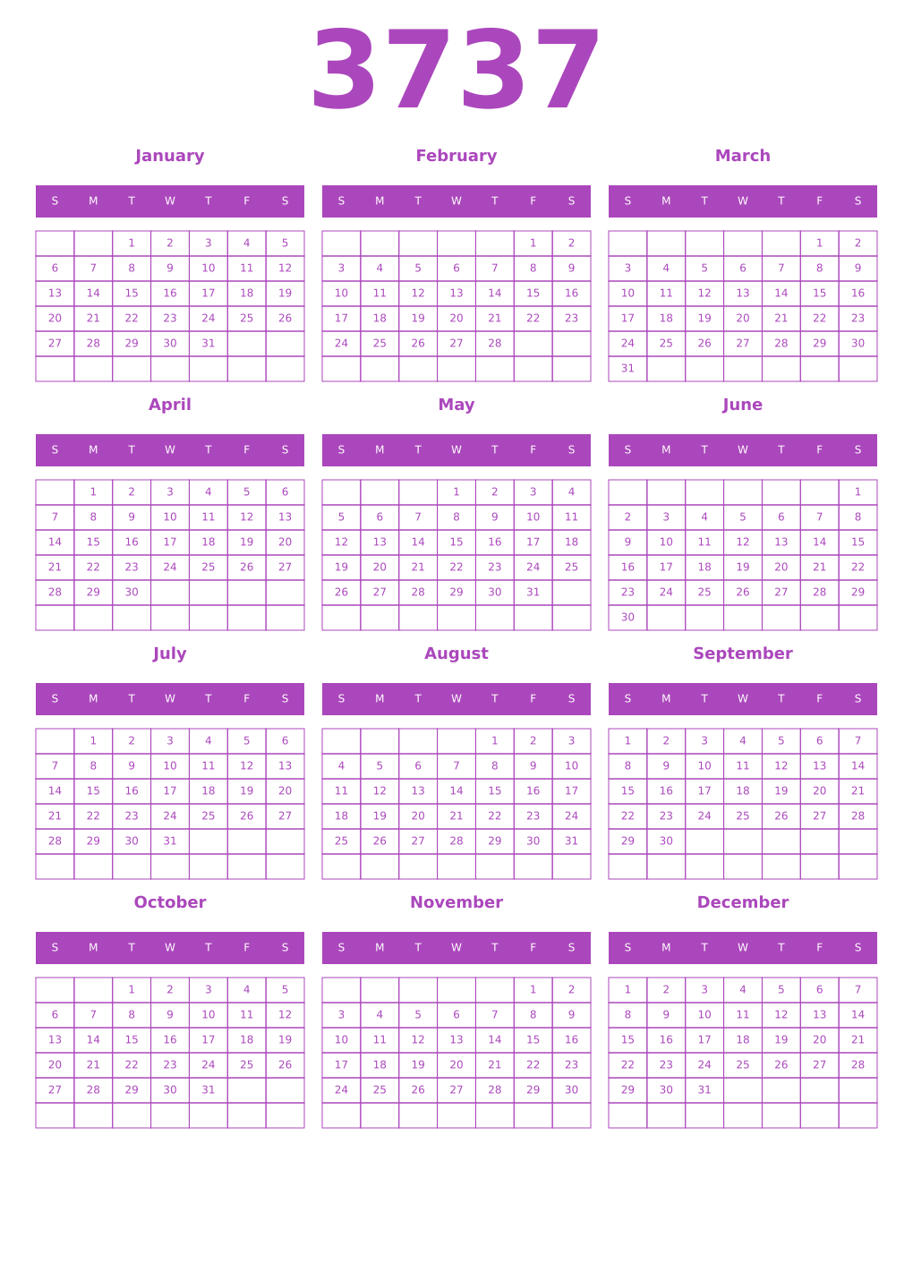 Printable 3737 Year Calendars purple