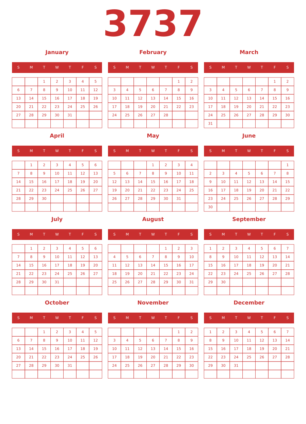 Printable 3737 Year Calendars red