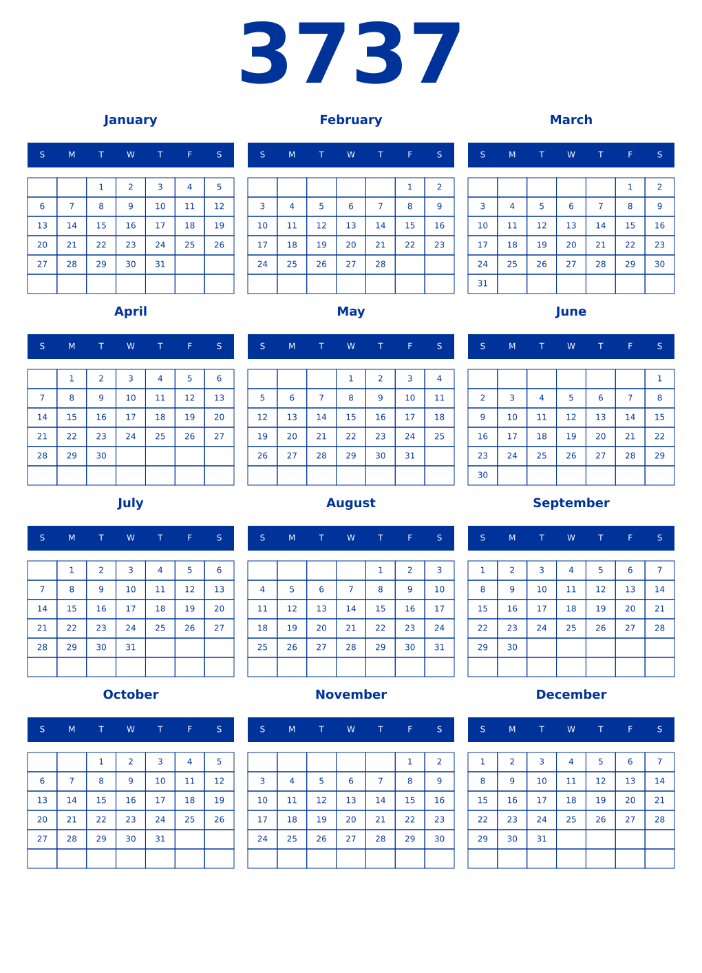 Printable 3737 Year Calendars smalt