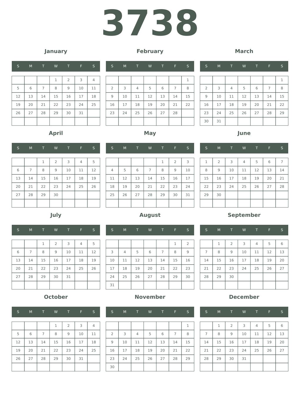 Printable 3738 Year Calendars feldgrau