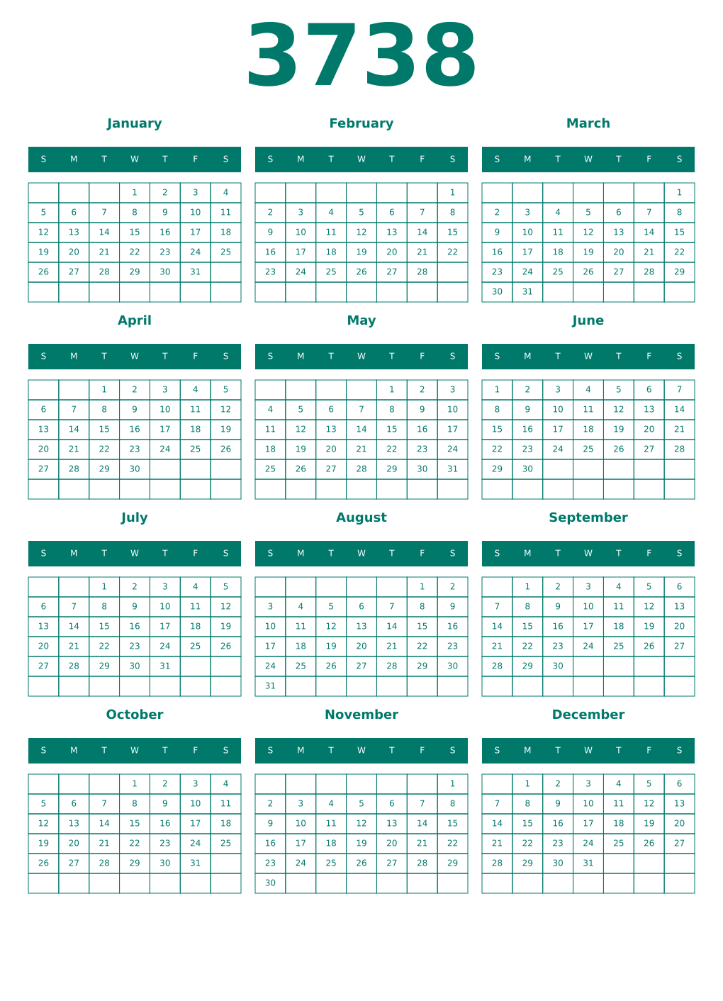 Printable 3738 Year Calendars pastel