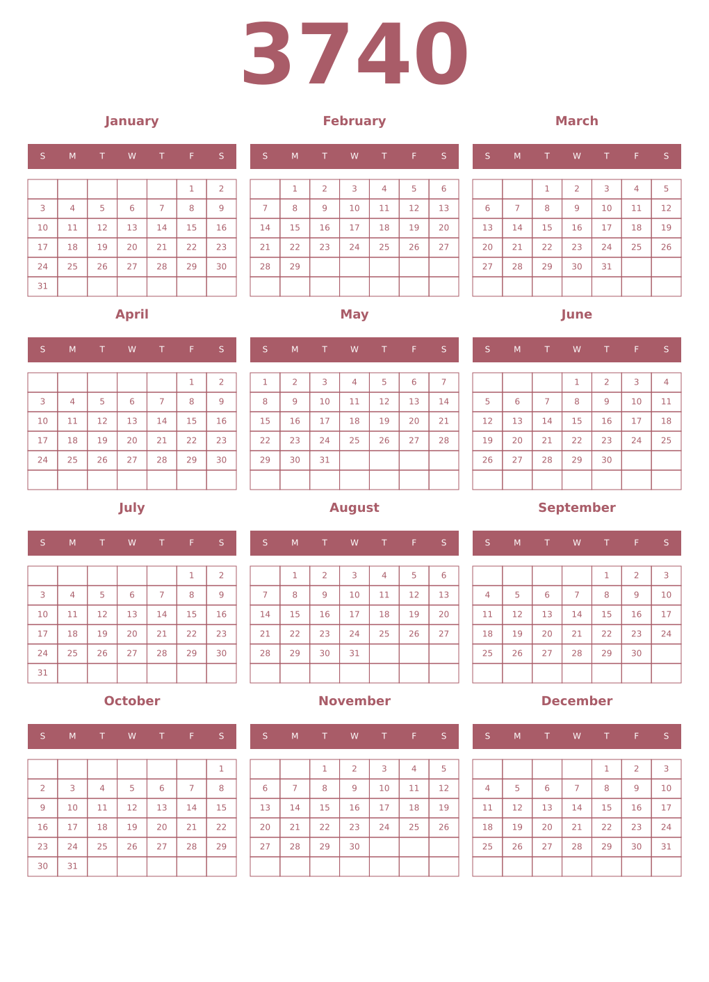 Printable 3740 Year Calendars puce