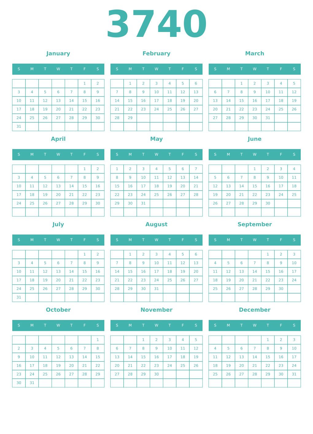 Printable 3740 Year Calendars verdigris
