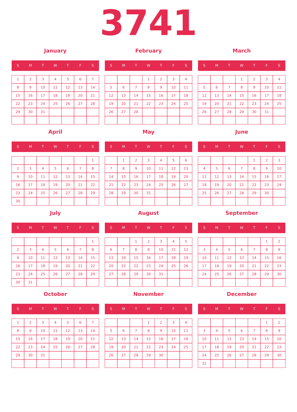 Printable 3741 Year Calendars amaranth