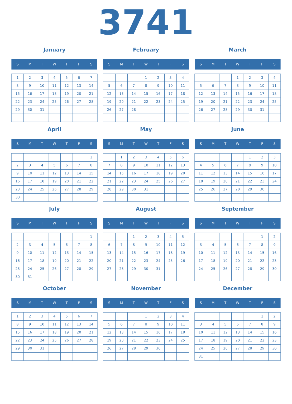 Printable 3741 Year Calendars blue