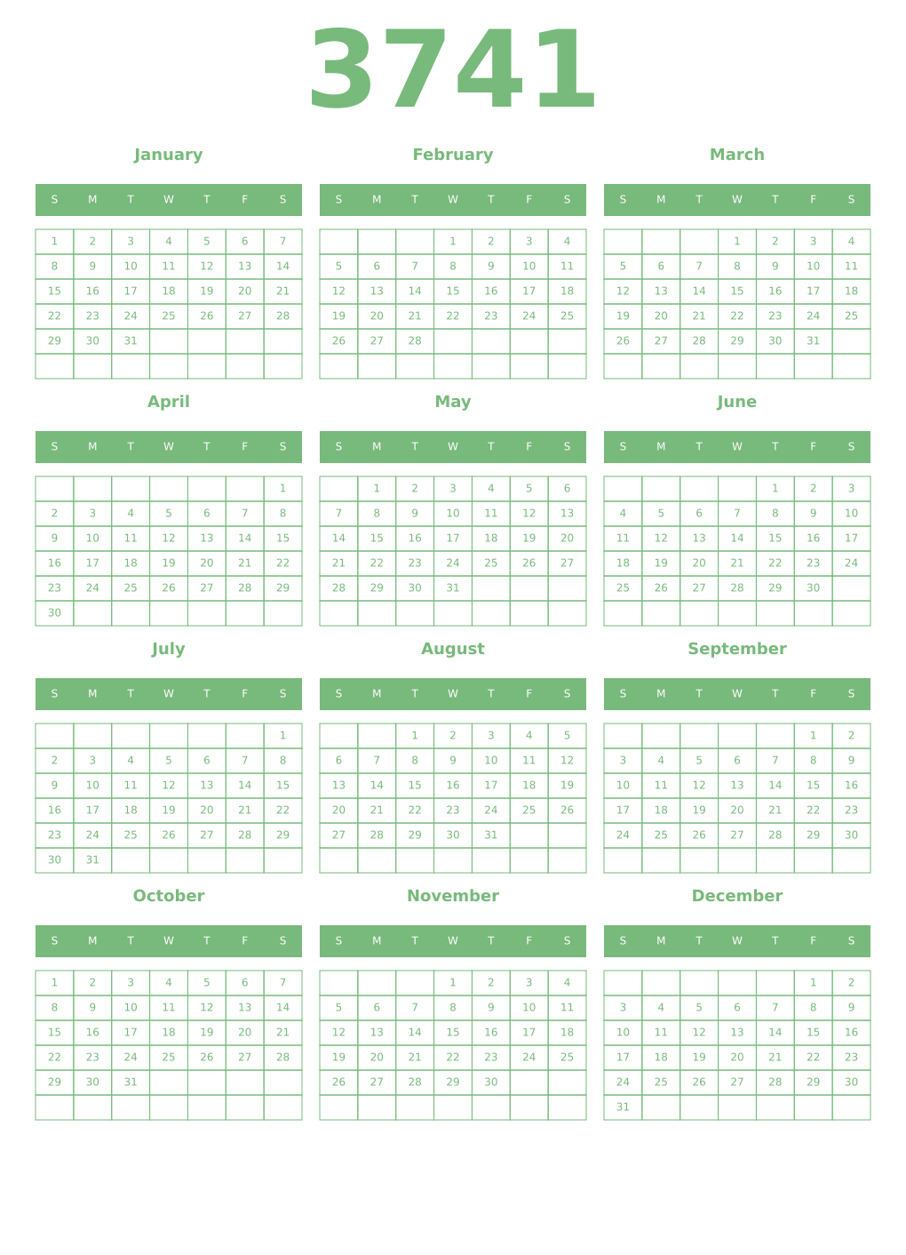 Printable 3741 Year Calendars celadon