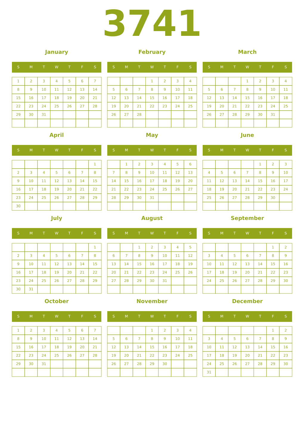 Printable 3741 Year Calendars chartreuse