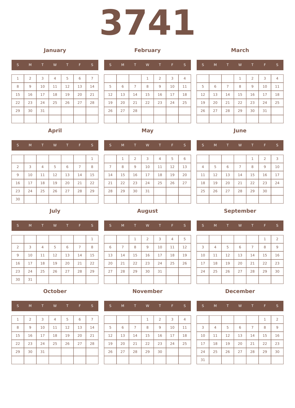 Printable 3741 Year Calendars coffe