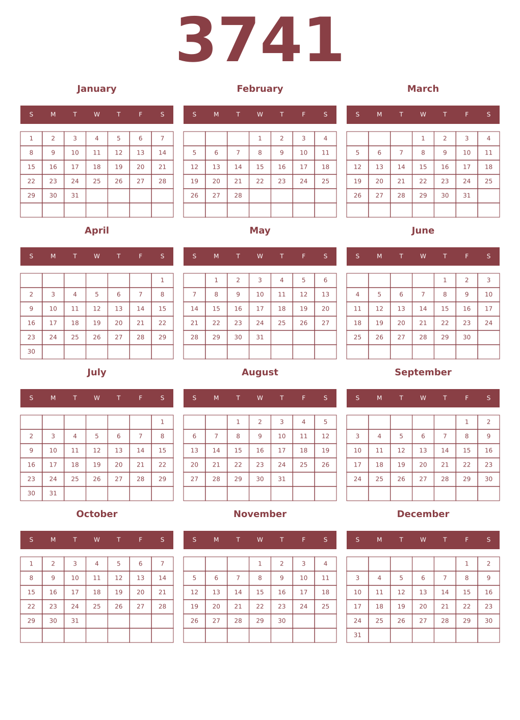 Printable 3741 Year Calendars cordovan