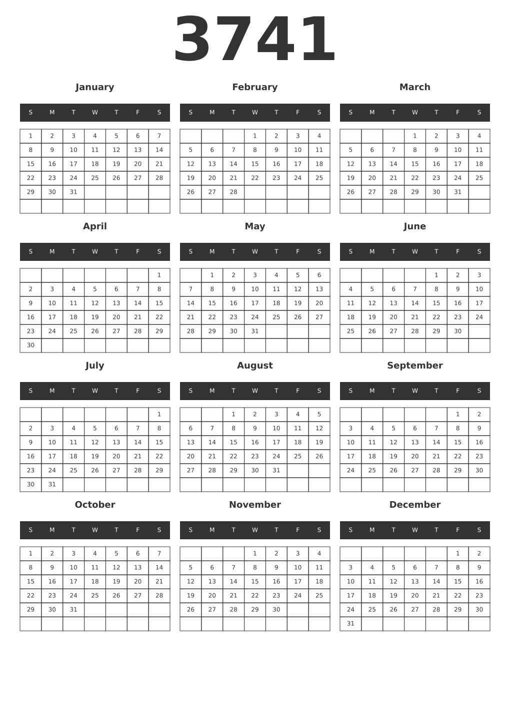 Printable 3741 Year Calendars dark