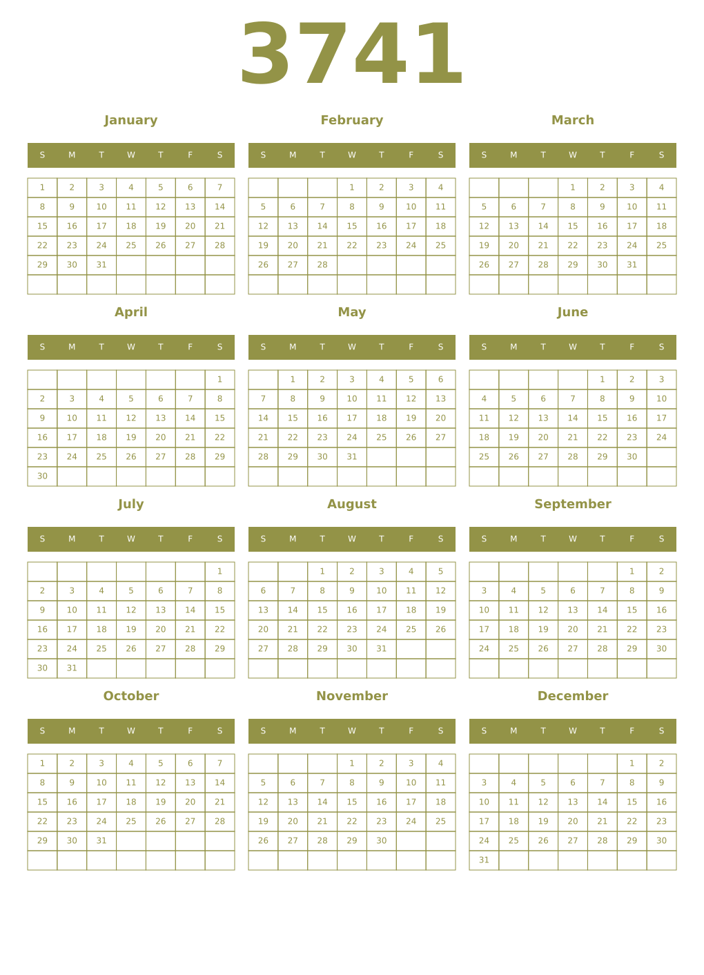 Printable 3741 Year Calendars eburnean