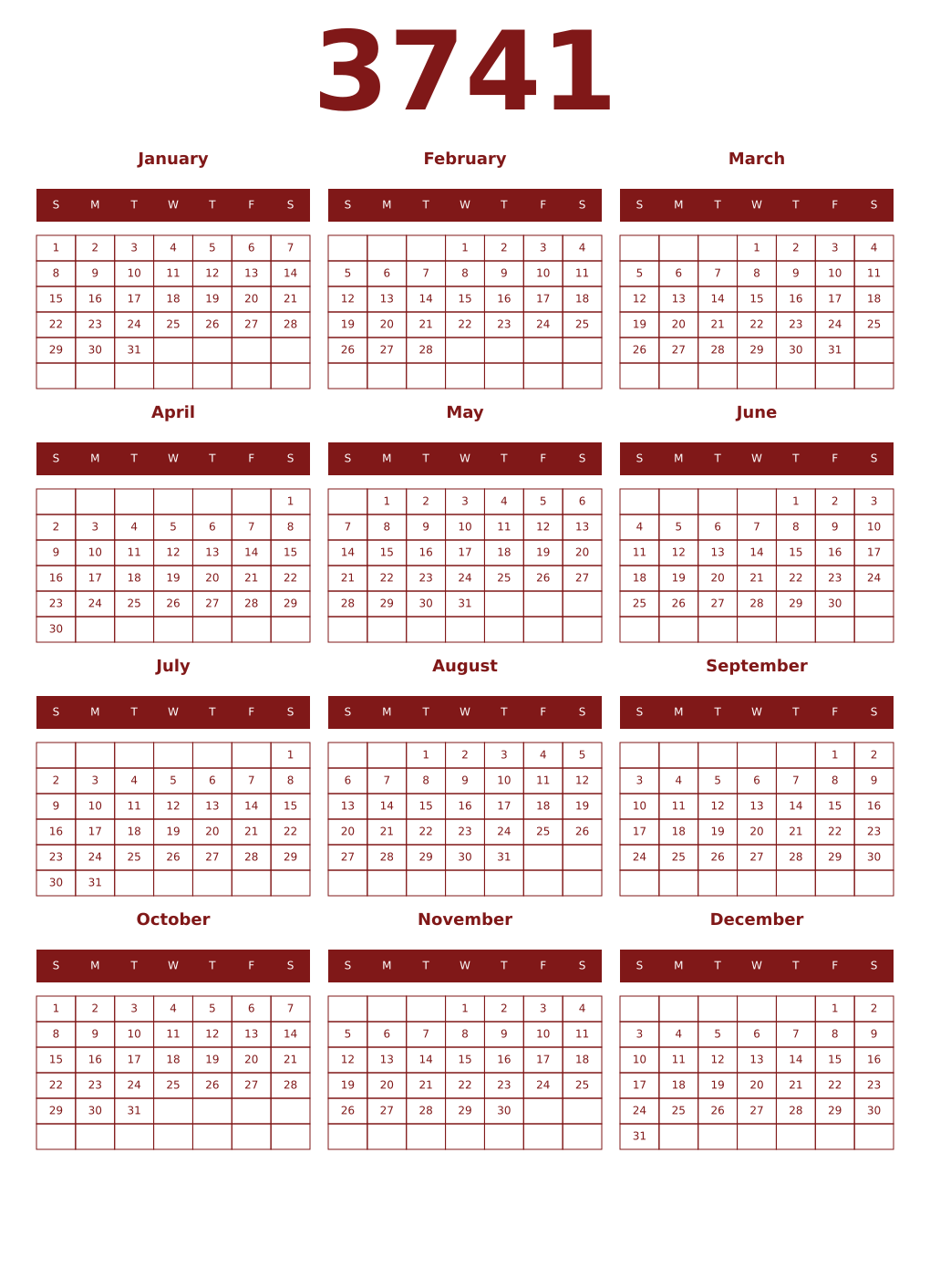 Printable 3741 Year Calendars falu