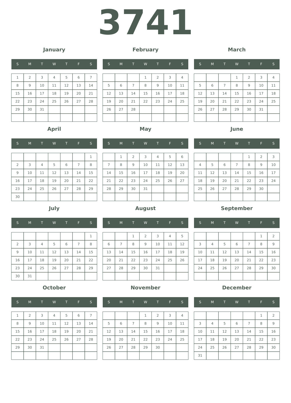 Printable 3741 Year Calendars feldgrau