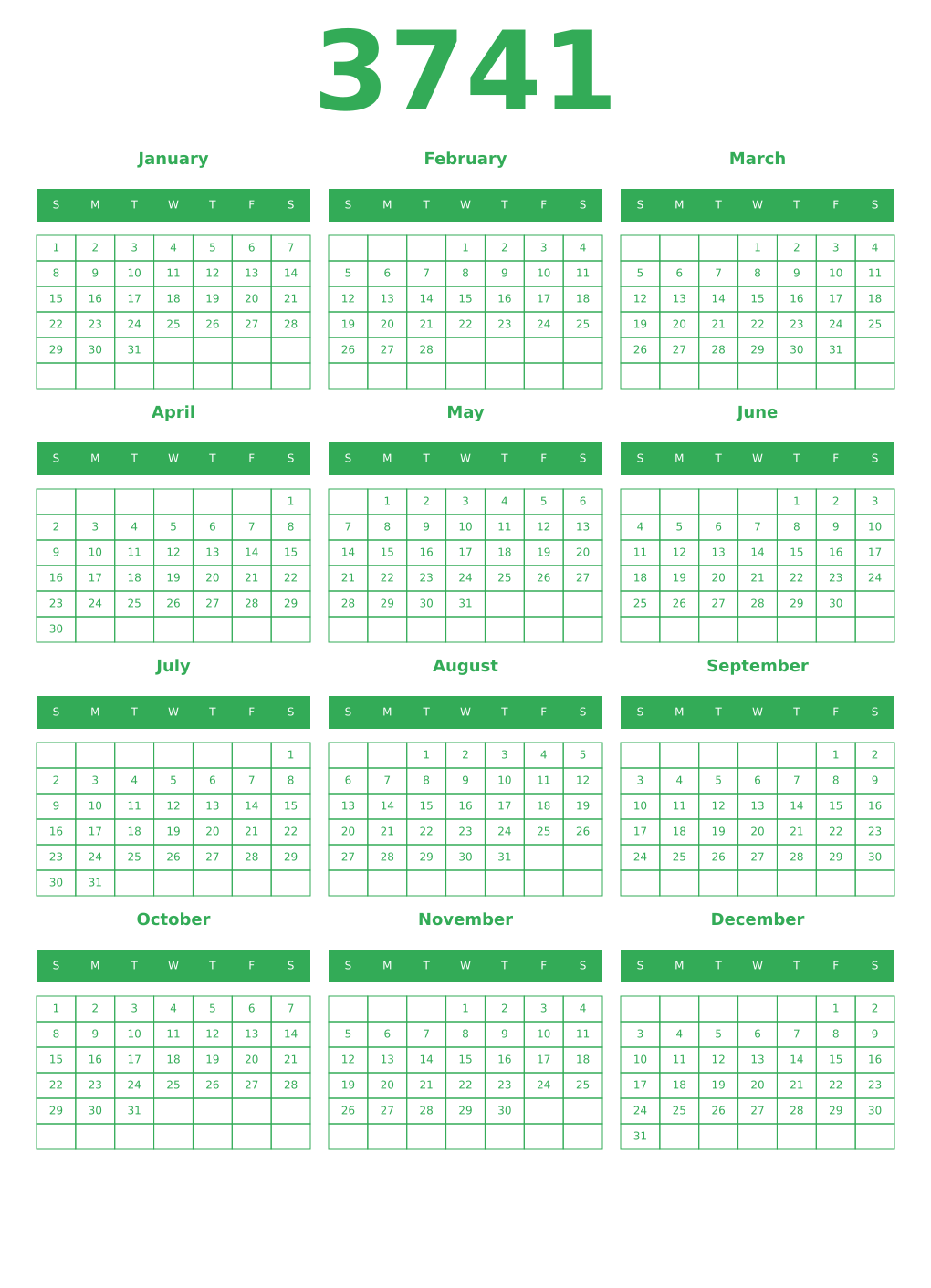 Printable 3741 Year Calendars green