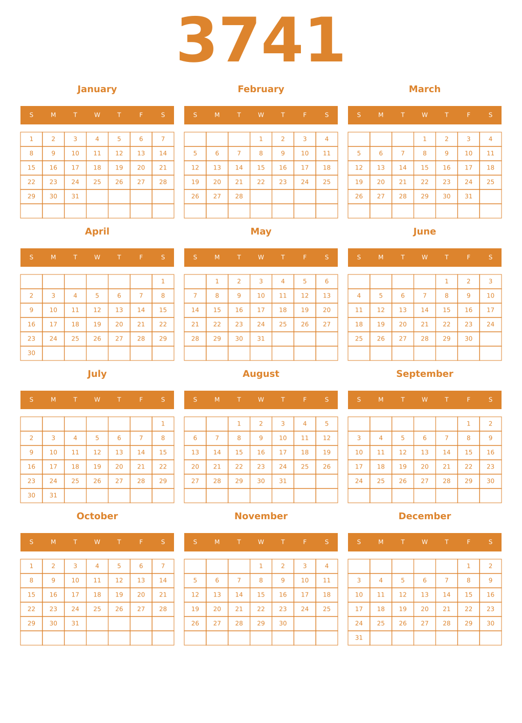 Printable 3741 Year Calendars orange