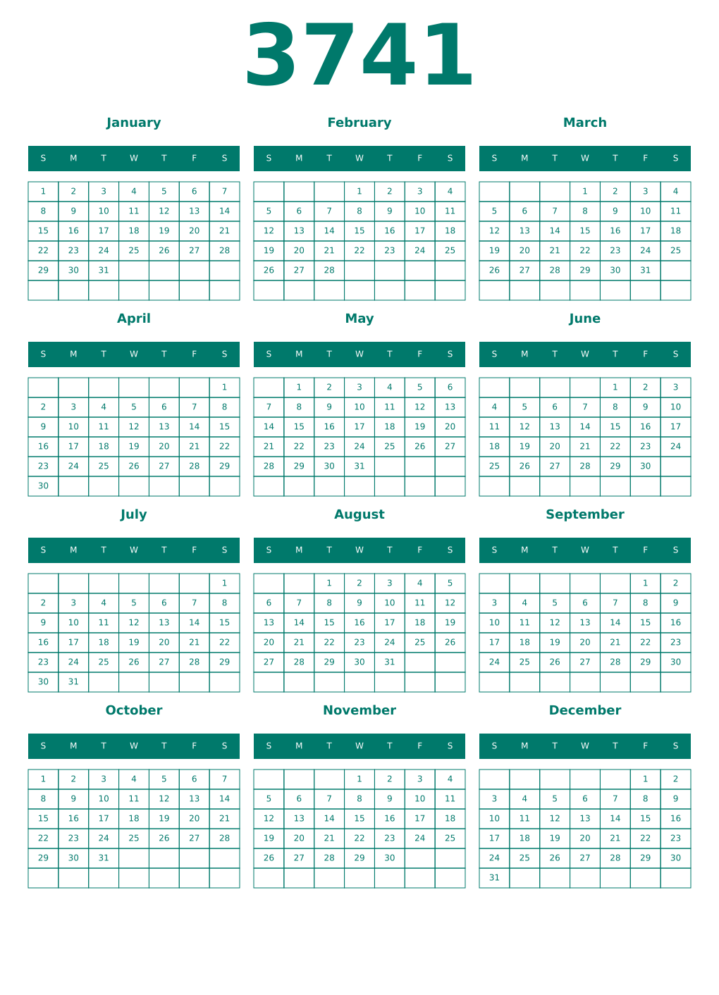 Printable 3741 Year Calendars pastel