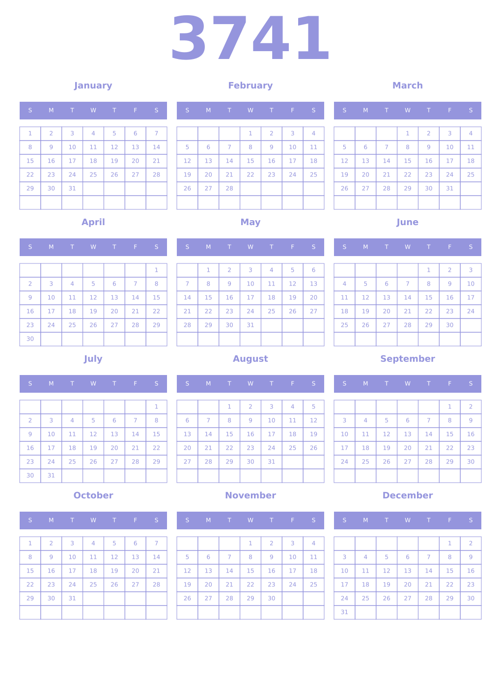 Printable 3741 Year Calendars periwinkle